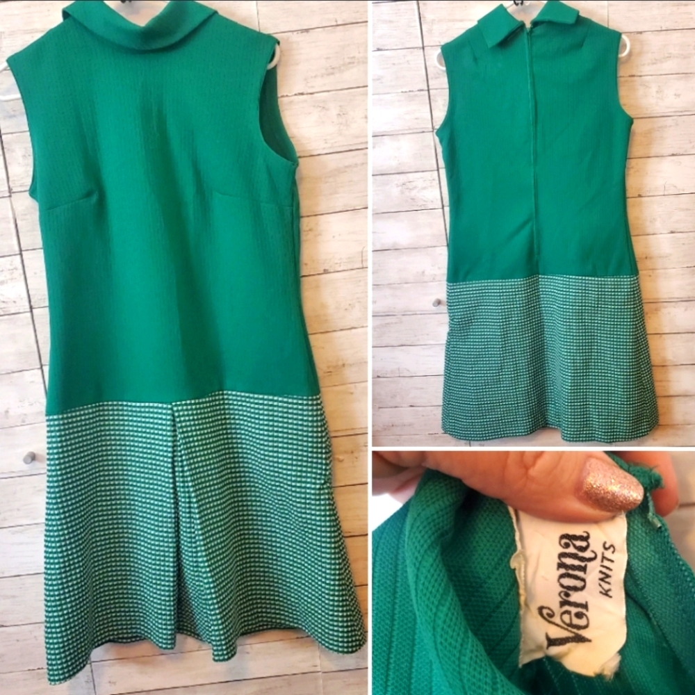 Sz 14/16 Vintage 60s Kelly Green Mod Scooter Shift Cable and Waffle Knit Dress.